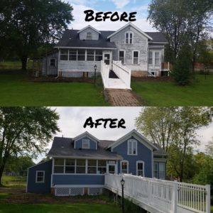 before and after of old blue house with large white walkway